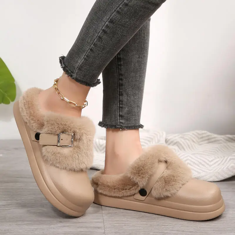 Zuecos Impermeables de EVA con Suela Gruesa y Peluche para Mujer, Invierno 2026, con Hebilla Metálica, Pantuflas Cálidas de Felpa para Exteriores
