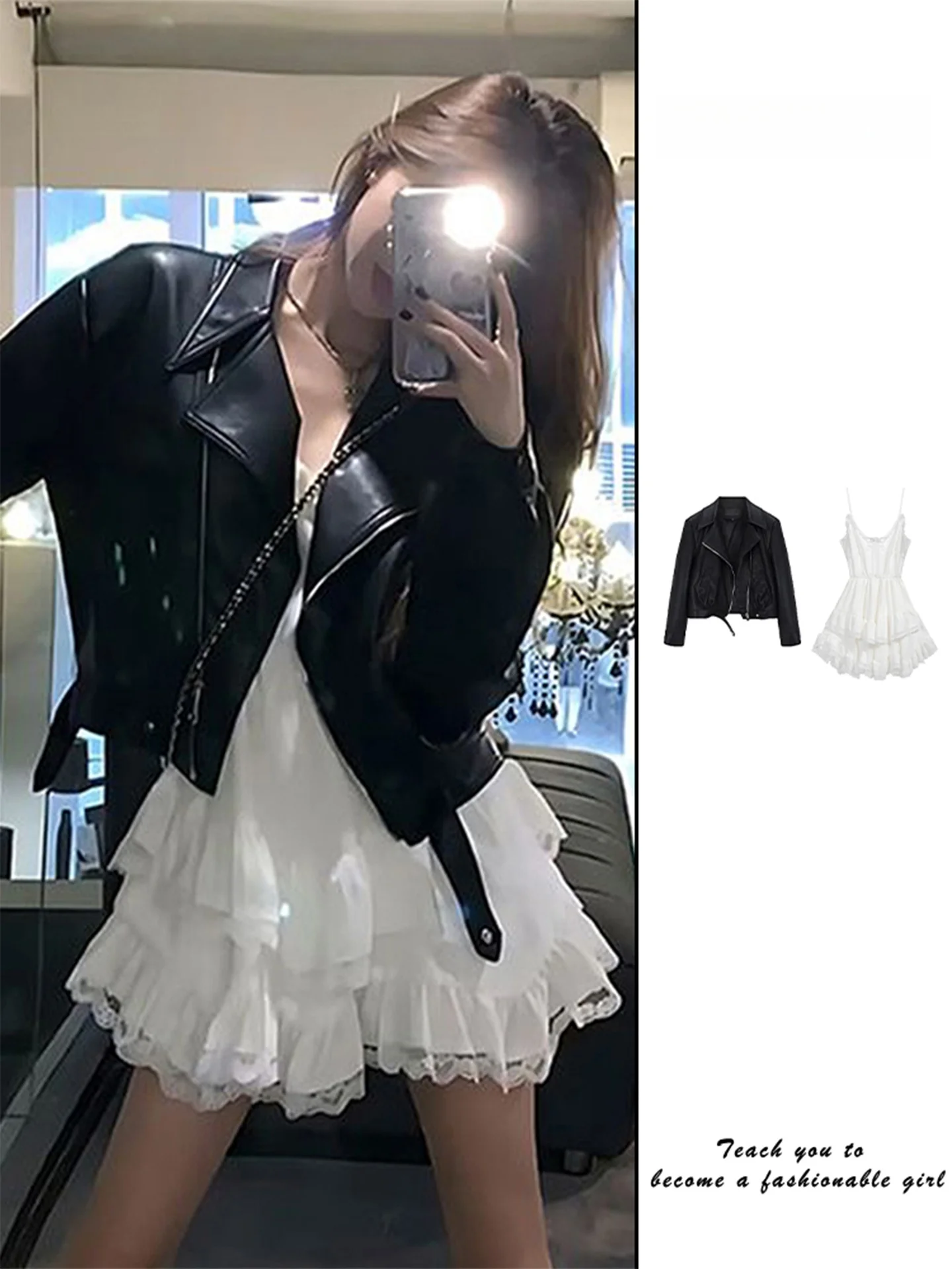 

Черный короткий кожаный мотоциклетный жакет женский, весенне-осенний комплект из двух предметов: платье с асимметричными ремнями, модный городской стиль