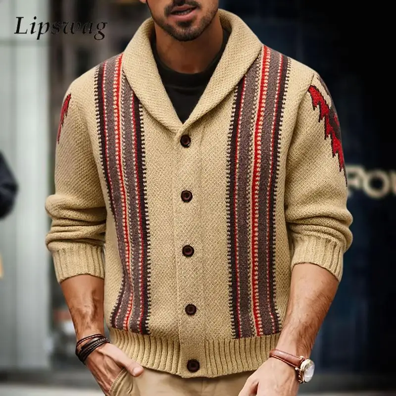 

Retro Striped Crochet Knit Cardigans Men Fall Winter New Casual Button-up Collar Sweatercoats For Mens Stylish Knitted Jackets