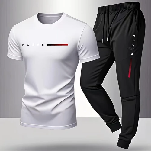 Imagen 2 del producto PARIS Traje casual para hombre primavera y verano nuevo estilo estampado de letras tendencia americana moda deportiva pantalones de manga corta conjunto de dos piezas