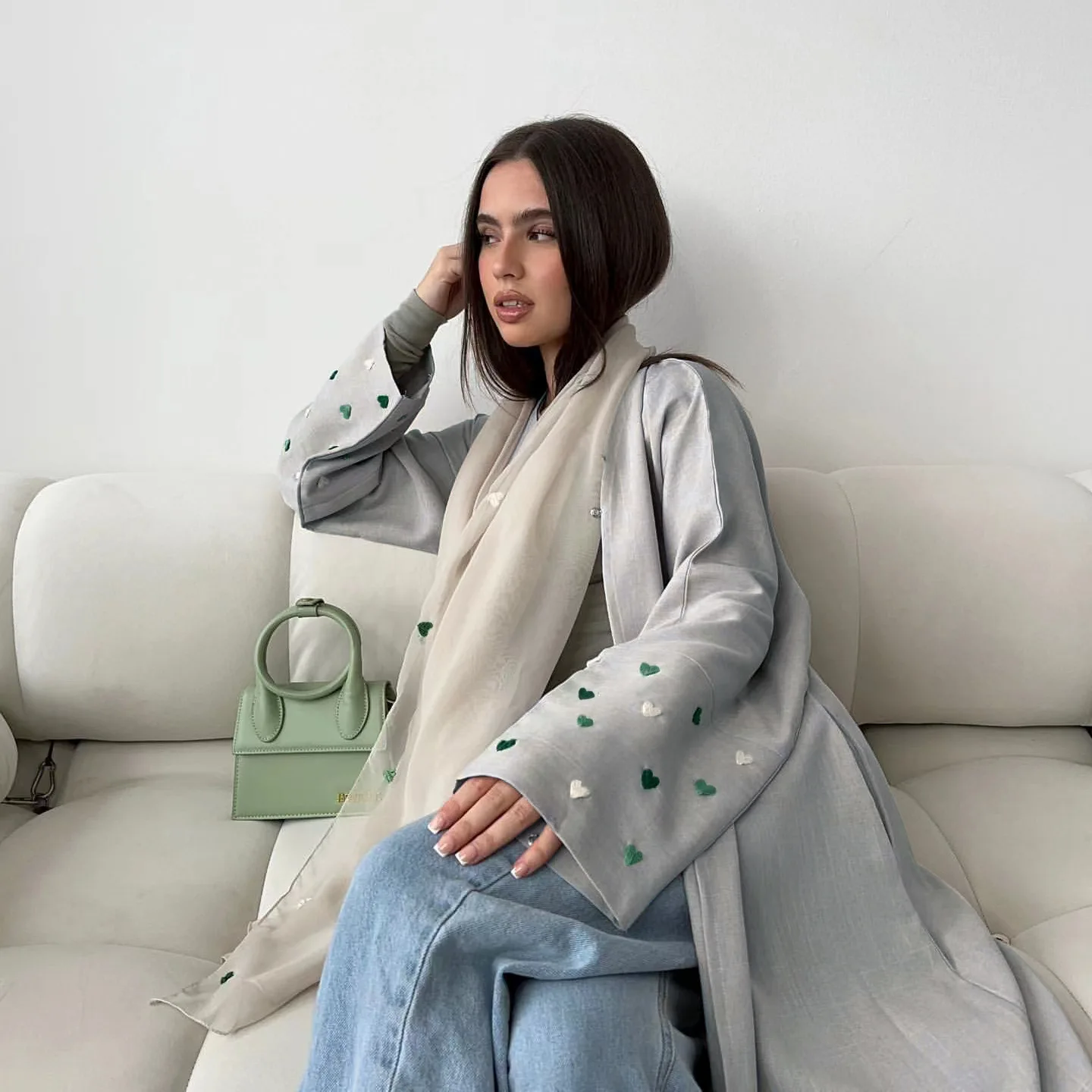 UNI Eid – Abaya en lin pour femmes, Cardigan ouvert avec Robe brodée de cœur, ensemble de Robe musulmane, vêtements d'extérieur amples, 2024