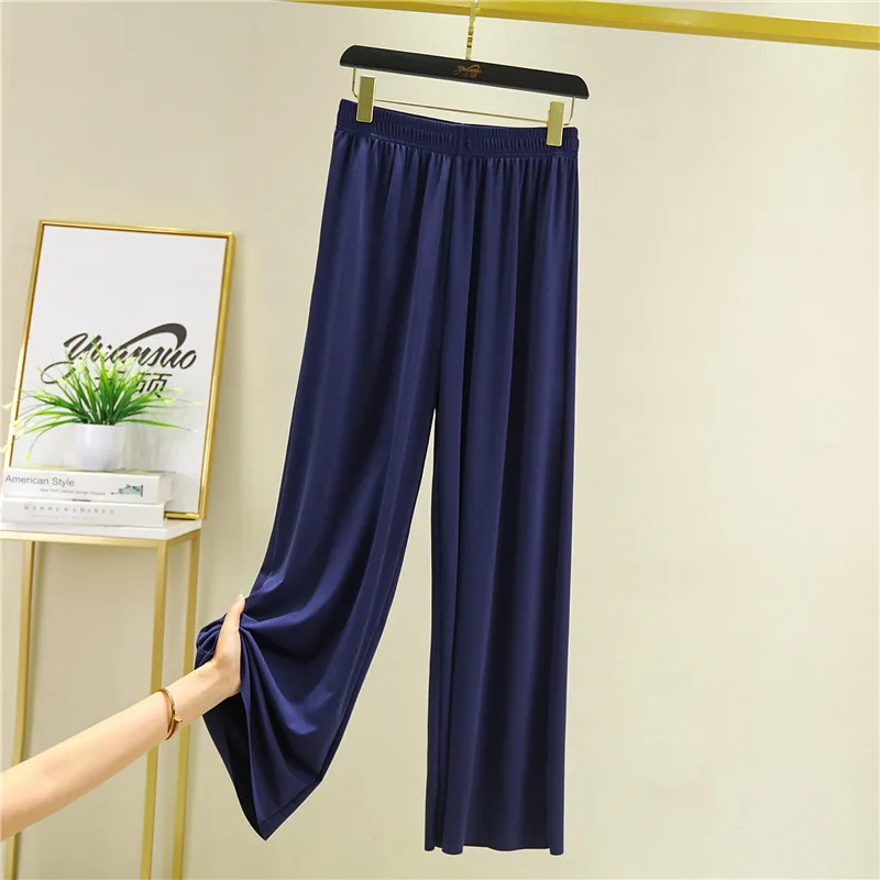 Spring Summer New Ice Silk Large Size Wide Leg Pants Korean Casual Home Pant Solid Color Pajamas Trousers Women Pantalones