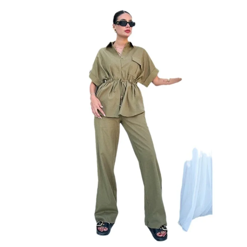 Matching Sets Single Breasted Two Pieces Blouses Pants Sets Draw String Wide Leg Cargo Pants Loose Fit Casual Solid Button