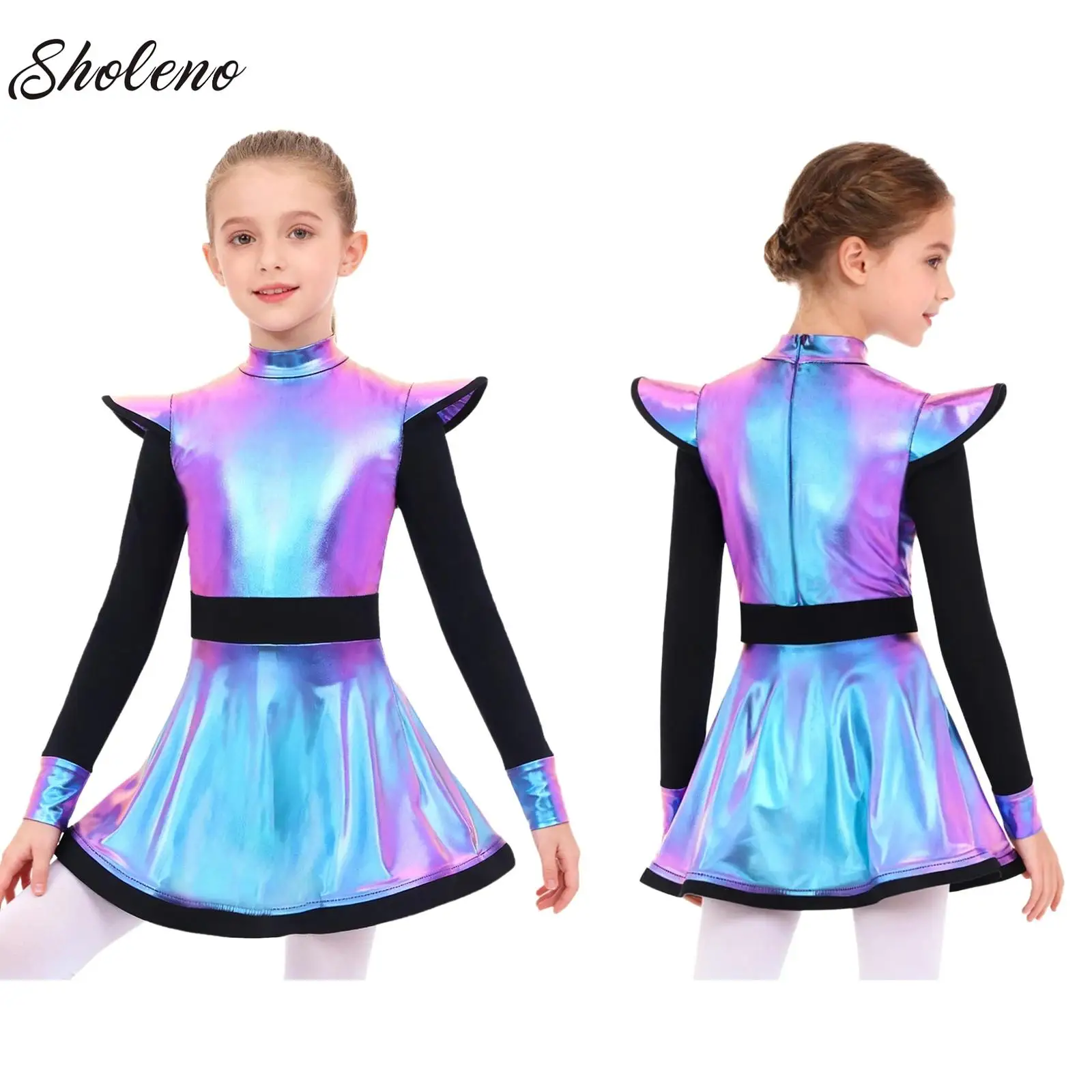 

Big Girls Alien Robot Dress Outer Space Costume Glossy Metallic Ruffled Mesh Tutu Dress Halloween Cosplay Theme Party Dress Up