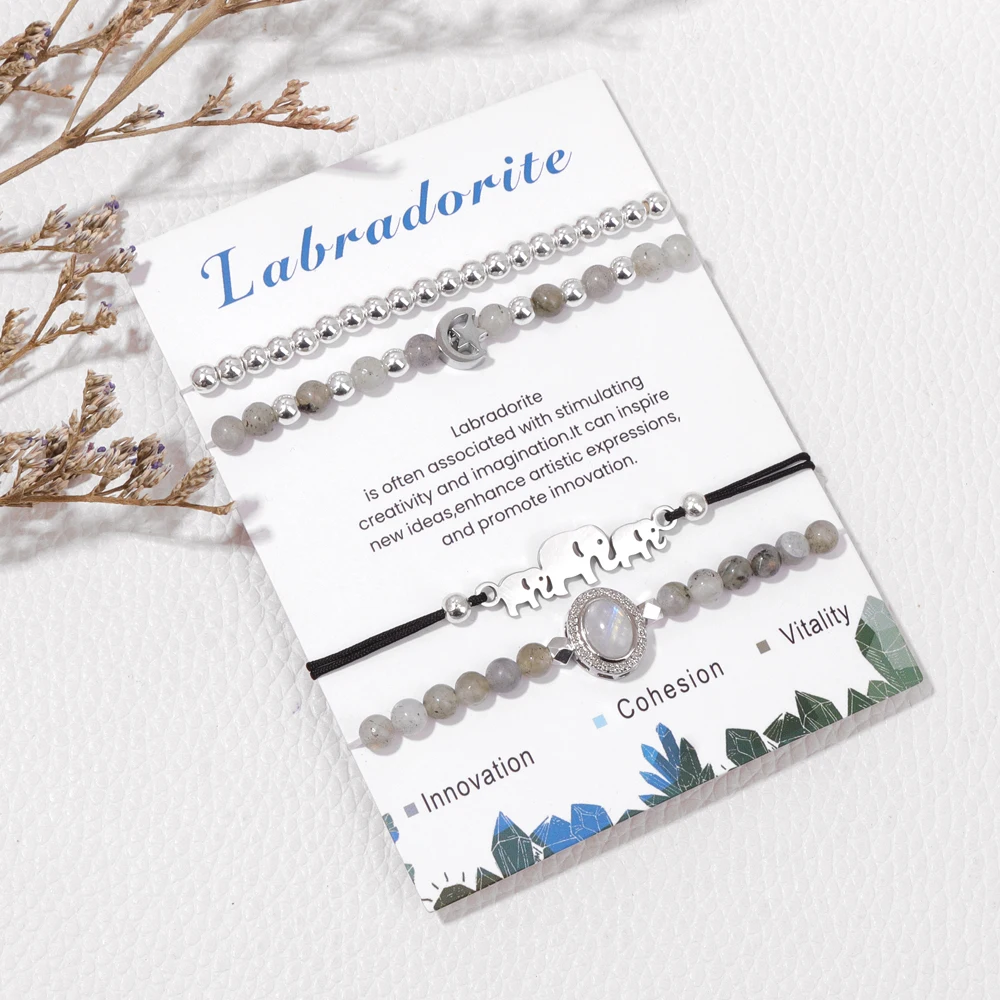 4 قطعة/المجموعة اللابرادوريت الخرز سوار الحجر الطبيعي الفضة اللون الفيل سحر حبل سلسلة أساور مجموعة للنساء الرجال المجوهرات