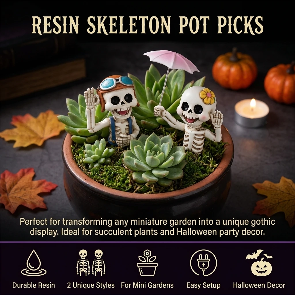 2 Pieces Skeleton Boy Planter Resin Stakes for Halloween Decor Gothic Miniature Fairy Garden Pot Ornaments Durable Art