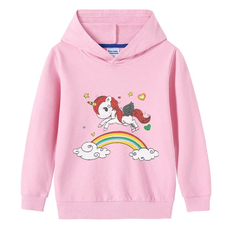 2024 New Quality Cotton Tee Shirt Girls Clothing for Children T-shirt Pink Long Sleeve Kids Tops Hooded Clothes Rainbow 2-10T