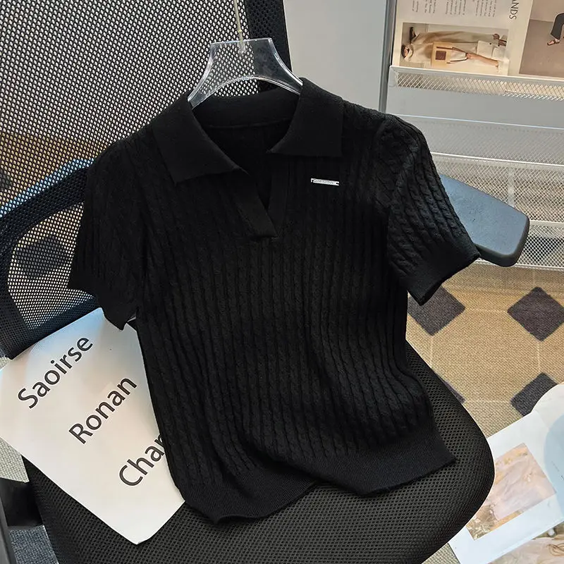 Womwn Ice Silk Knitted Polo Shirt Shoulder Short Sleeve Fashion T-shirt Women's Summer Thin French High-grade Lapel Top S949