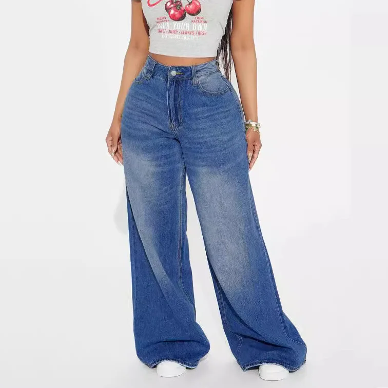 

Широкие брюки, джинсы, женские прямые джинсовые брюки длиной до пола, уличная одежда с высокой талией, потертые потертые карманы, 2025 г., винтажные джинсовые брюки