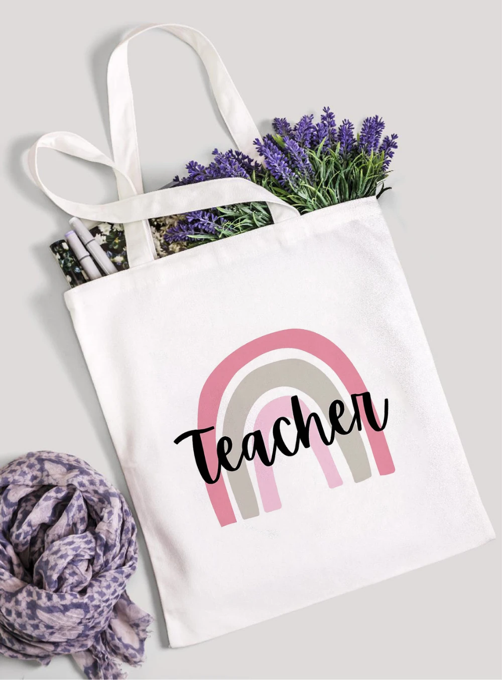 

Boho Rainbow Teacher Canvas Tote Bag, Lightweight Reusable Bag for Classroom & Grocery, Perfect Appreciation Gift for Teachers