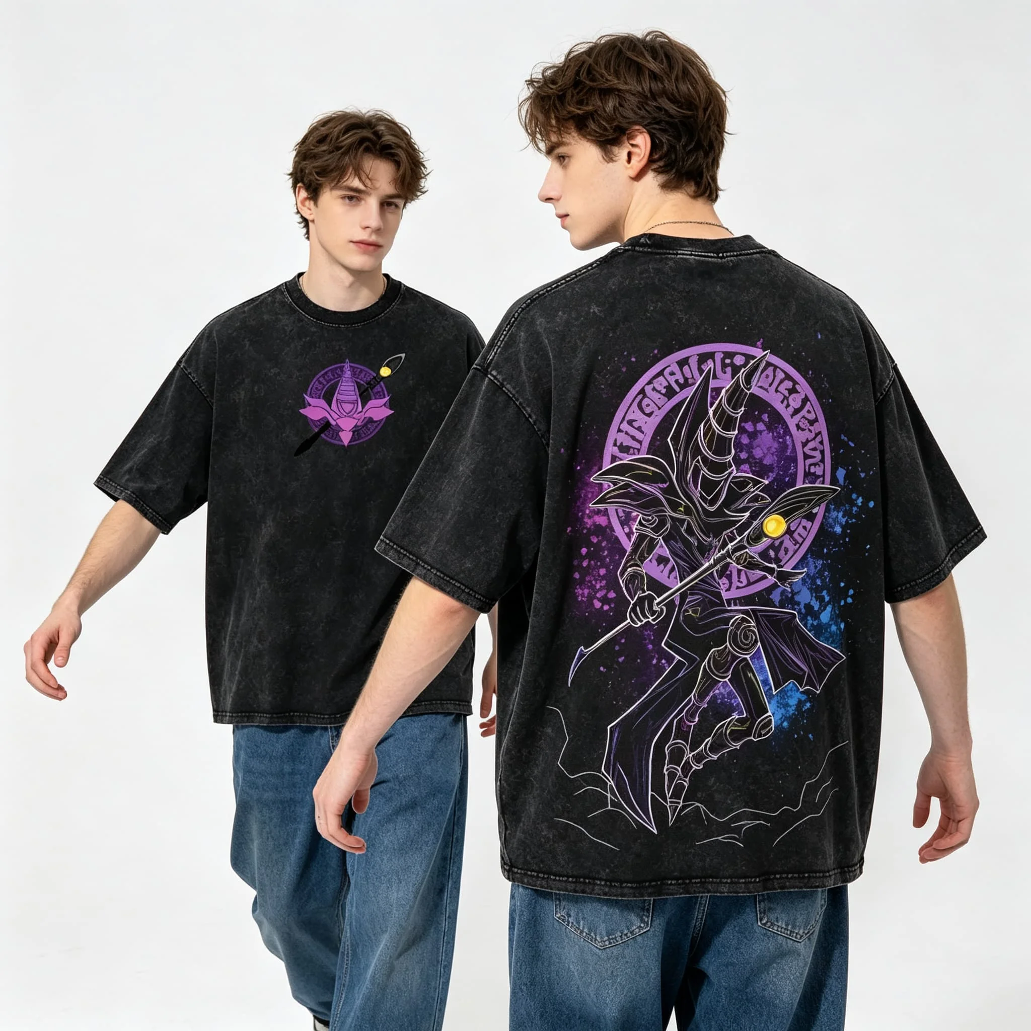 Vintage Yu Gi Oh Dark Magician Anime Casual Street Wear Women's Tshirt Unisex Tee Top Men's Cotton Short Sleeve Washed T shirt