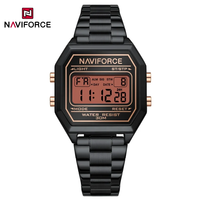 

NAVIFORCE модные роскошные женские электронные часы со светодиодной подсветкой, светящийся режим, ремешок из нержавеющей стали, 3 атм, водонепроницаемый дисплей даты