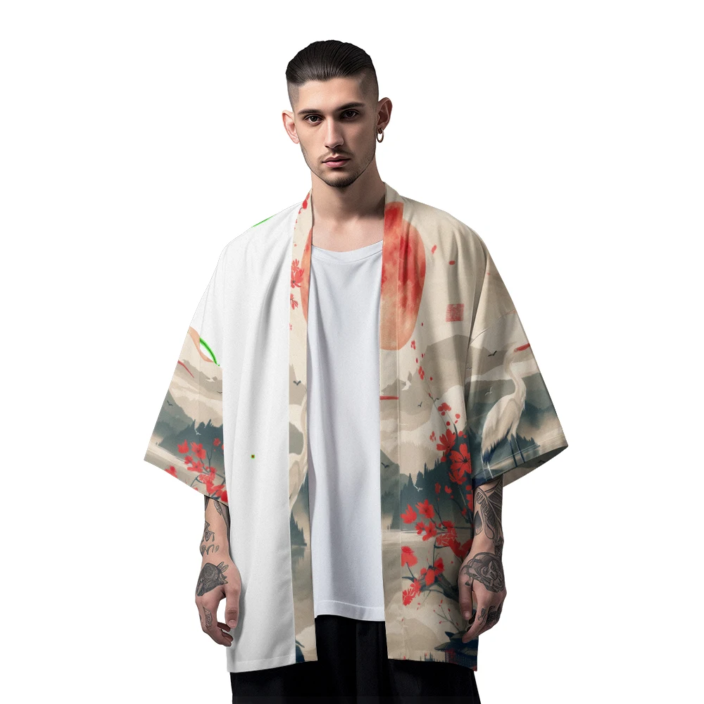 Classic Chinese Style Design Sense of National Tide Sunset Fairy Crane Robe Men's Fashion Design Casual Kimono Men's Tops