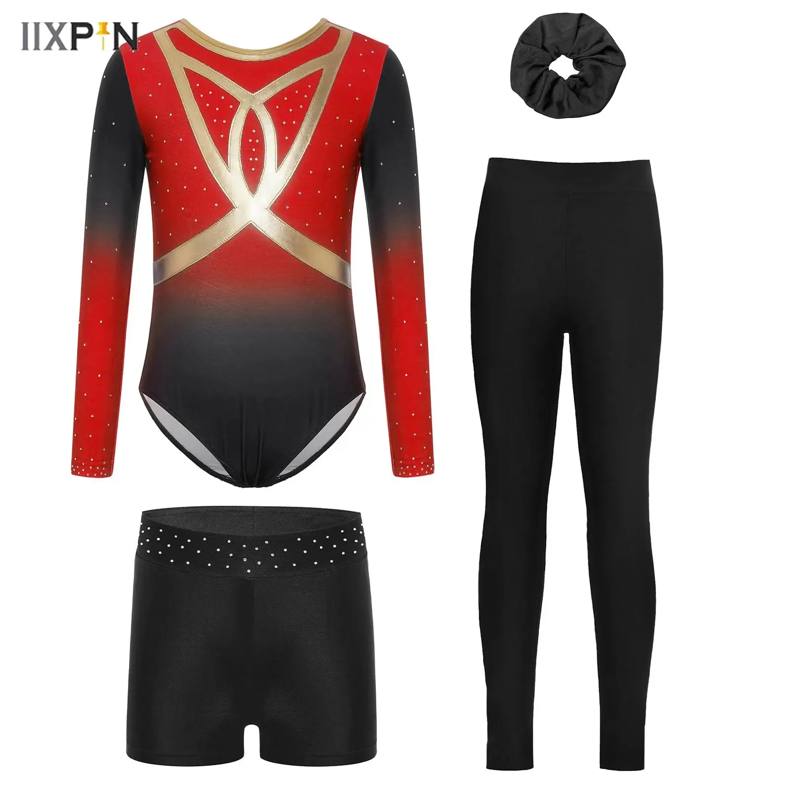 

4Pcs Kids Girls Gymnastics Figure Skating Dance Outfit Long Sleeve Shiny Rhinestones Gradient Leotard with Shorts and Hairband