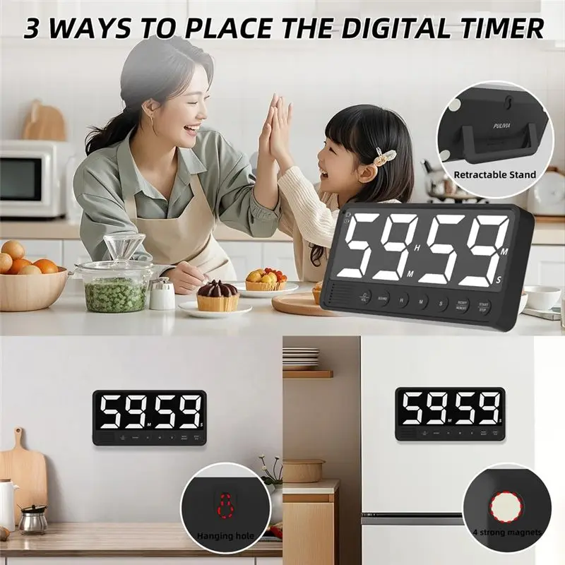 Innovative Extra-Large Display Digital Kitchen Timer 3 Memory Presets Rechargeable Count Down/Up Timer For Cooking Home Gym, Bla