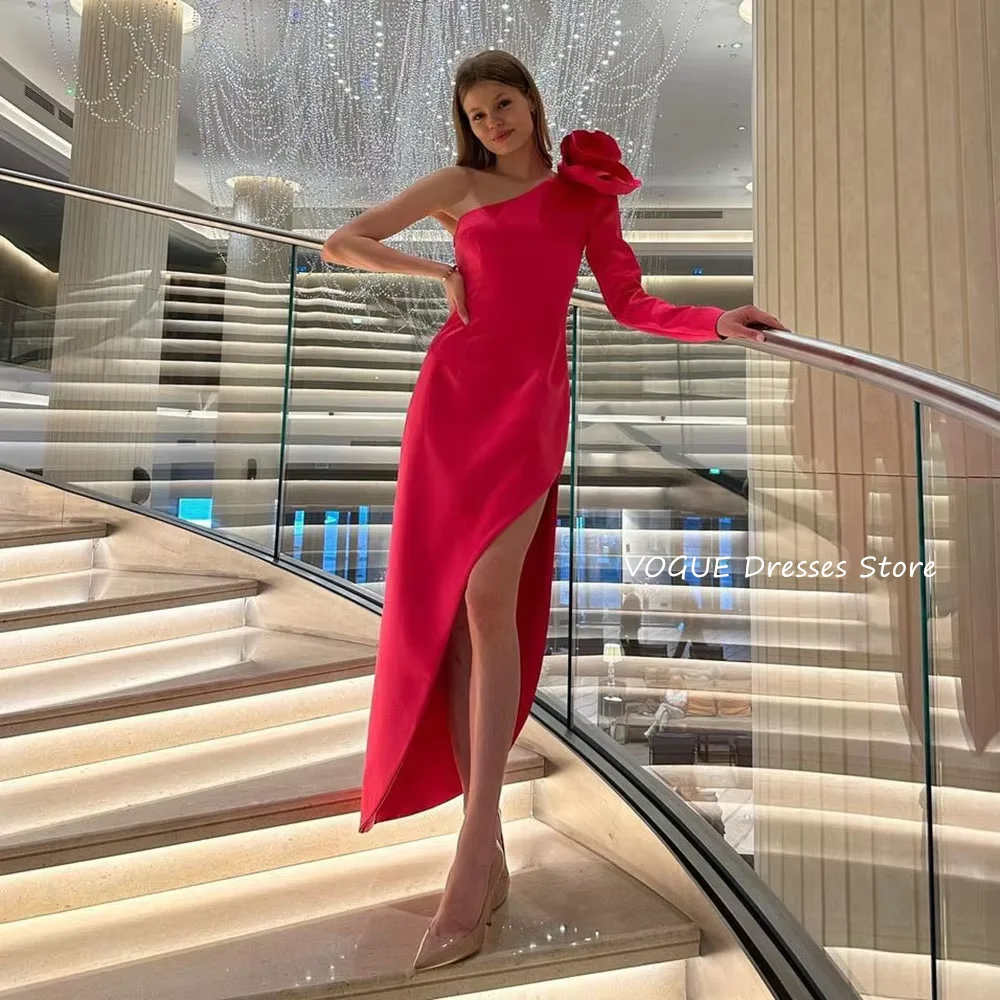 

One Shoulder Long Sleeves Evening Dresses Graduation Dress Chic Satin Special Occasion Dress Prom Gown with Handmade Flowers