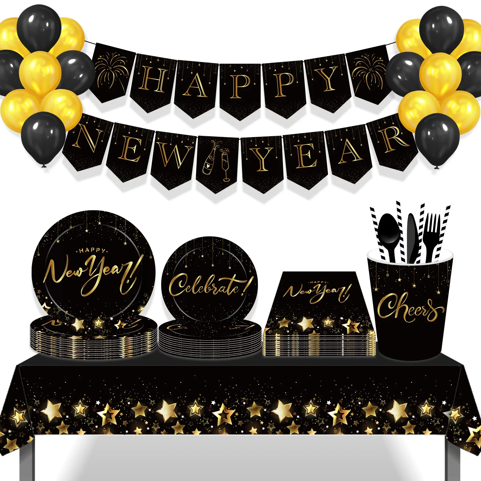 

Luxury Gold Black Happy New Year Party Champagne Flames Disposable Tableware Sets Tablecloths Balloons Door Couplet Decorations