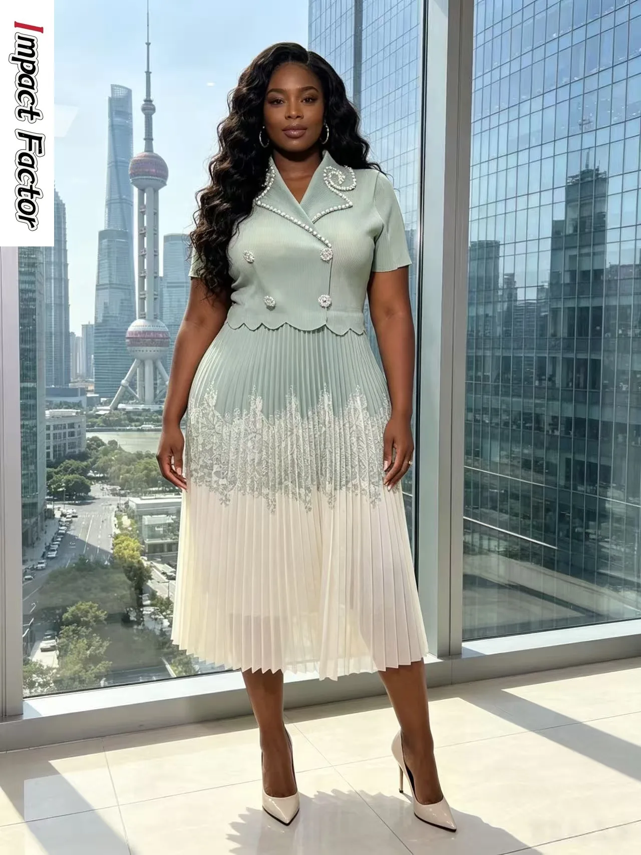 

2026 Summer New Miyake Pleated Heavy Industry Beaded Suit Collar Contrasting Color Short Sleeve Loose Dress Printed Women Dress