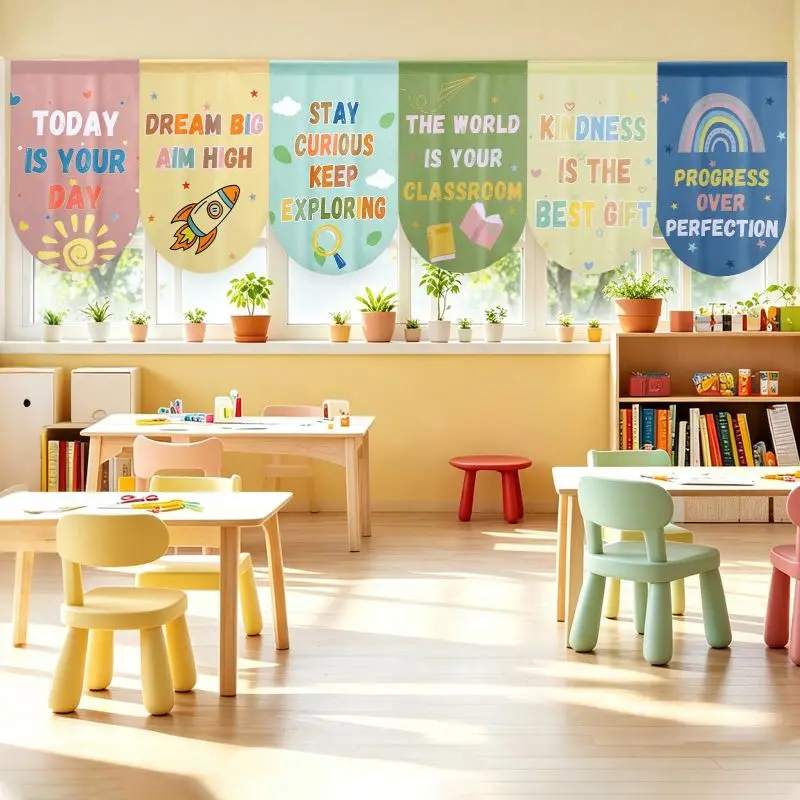 VIKAMA 6pcs Inspirational Quote Pennant Flag Fabric Window Valance Back To School Classroom Window Hanging Decor