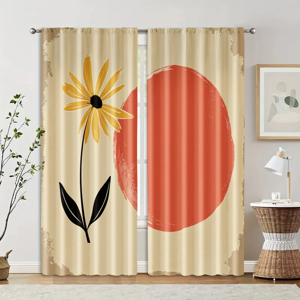 2pcs, Curtains&Drapes Abstract Floral and Red Circle Machine Washable Fabric (without rod) Versatile All for Bedroom, Office,