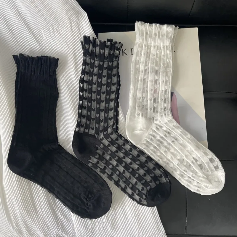 

Ultra-Thin Transparent Woman Split Toe Socks Black White Summer Crystal Silk Love Hollow Out Sheer Two-Toed Japanese Tabi Sox