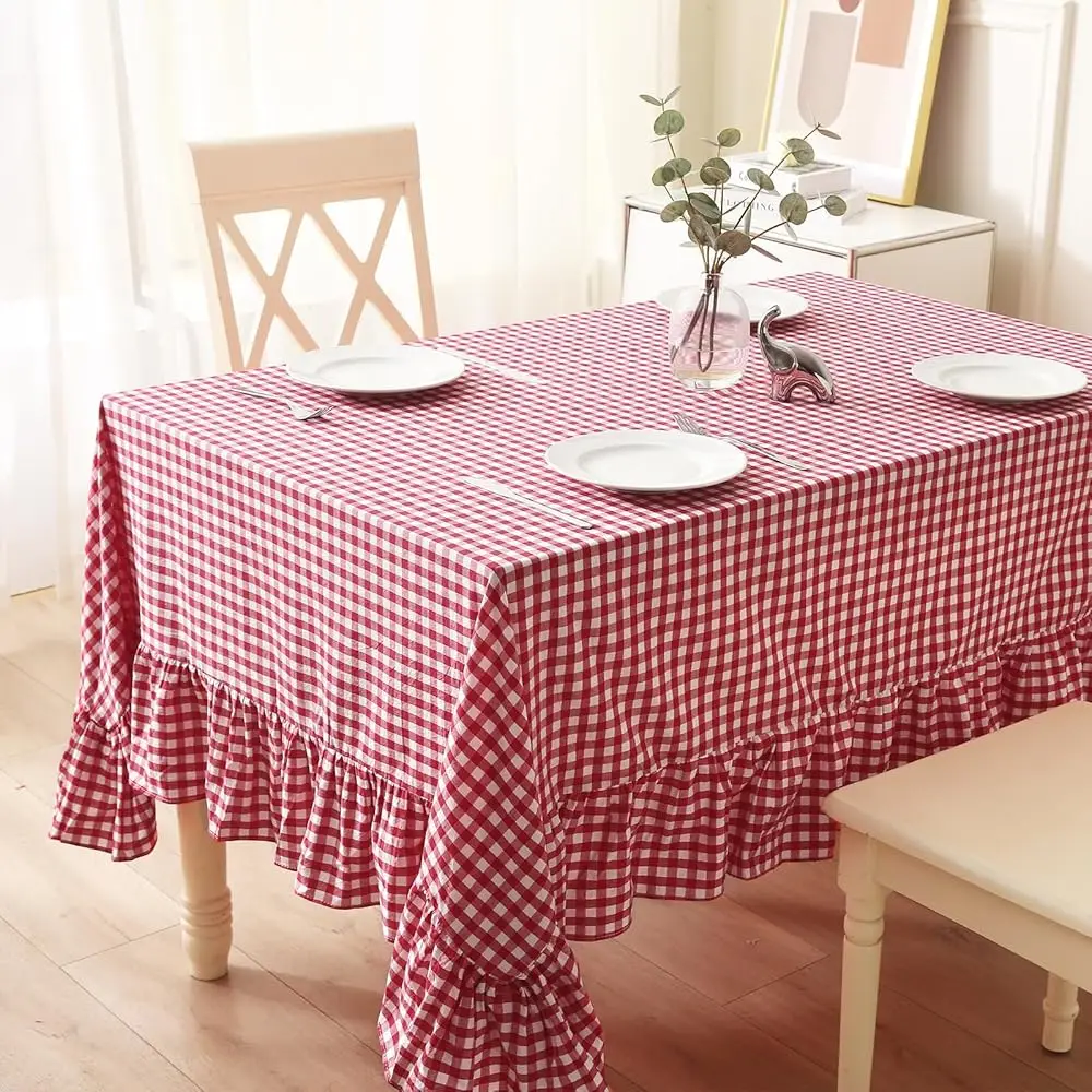 

100% Cotton Red White Plaid Ruffled Table Cloth Rectangular 120X60 In Buffet Cottage Coquette Checker Gingham Vintage