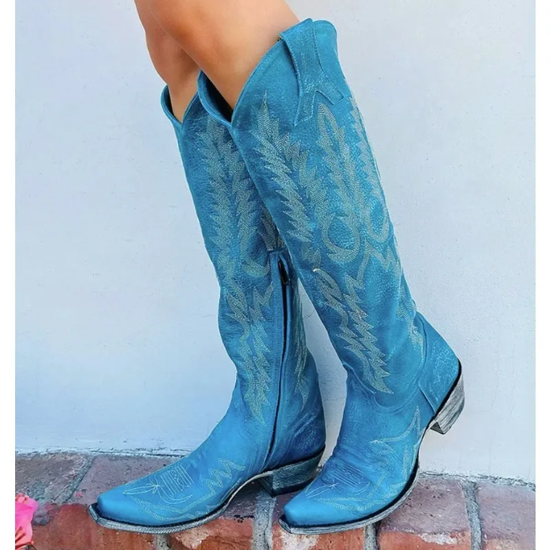 Suede Embroidery Pointed Toe Knee-High Women Western Boots Chunky Middle Heels Slip On Design Large Size Cowboy Shoes