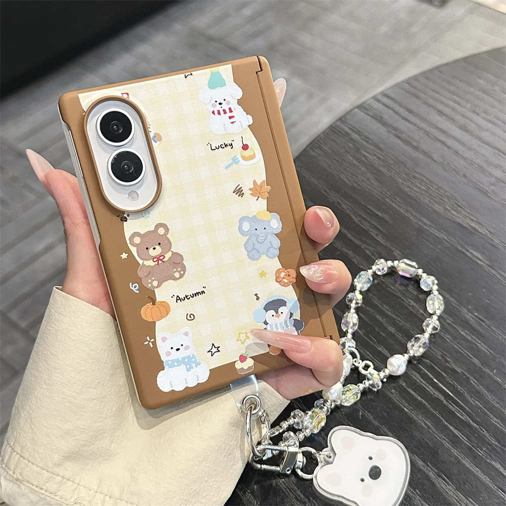 Cute Animal Cartoon Phone Case For Samsung Galaxy Z Fold8 Crystal Bead Wrist Chain Hinge Full Protection Shockproof Hard Cover