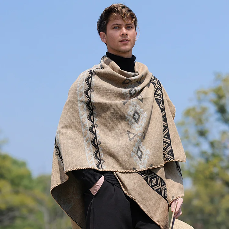 Men's Autumn and Winter Warm and Thick Bohemian Fringe Shawl Photo Cape Cloak Dual-use Scarf Travel Poncho Gift P1