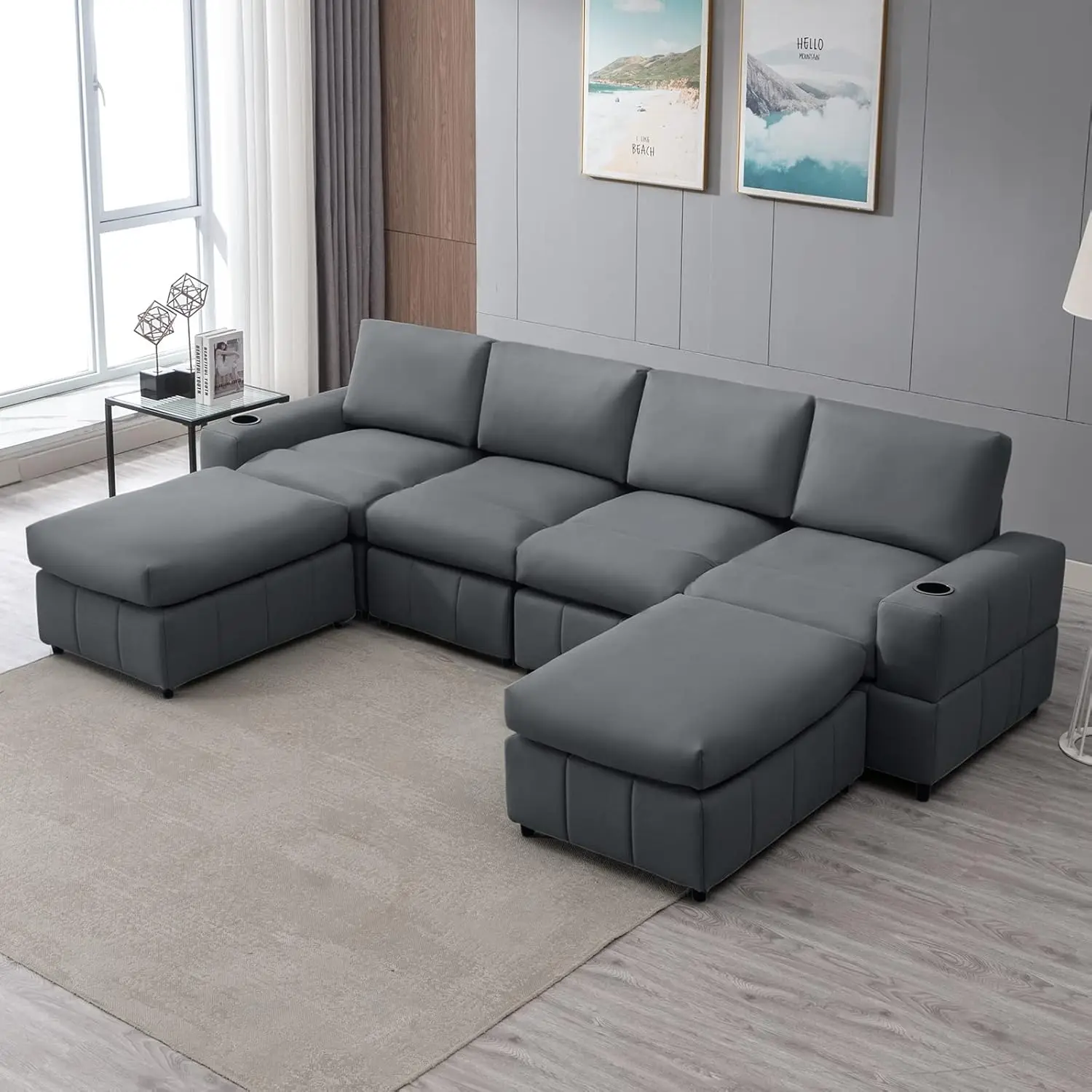 

Modern Upholstered Convertible Sectional Sofa, Suede Leather Sofa with Reversible Ottoman/Chaise, Widen Armrest with Cup Holder