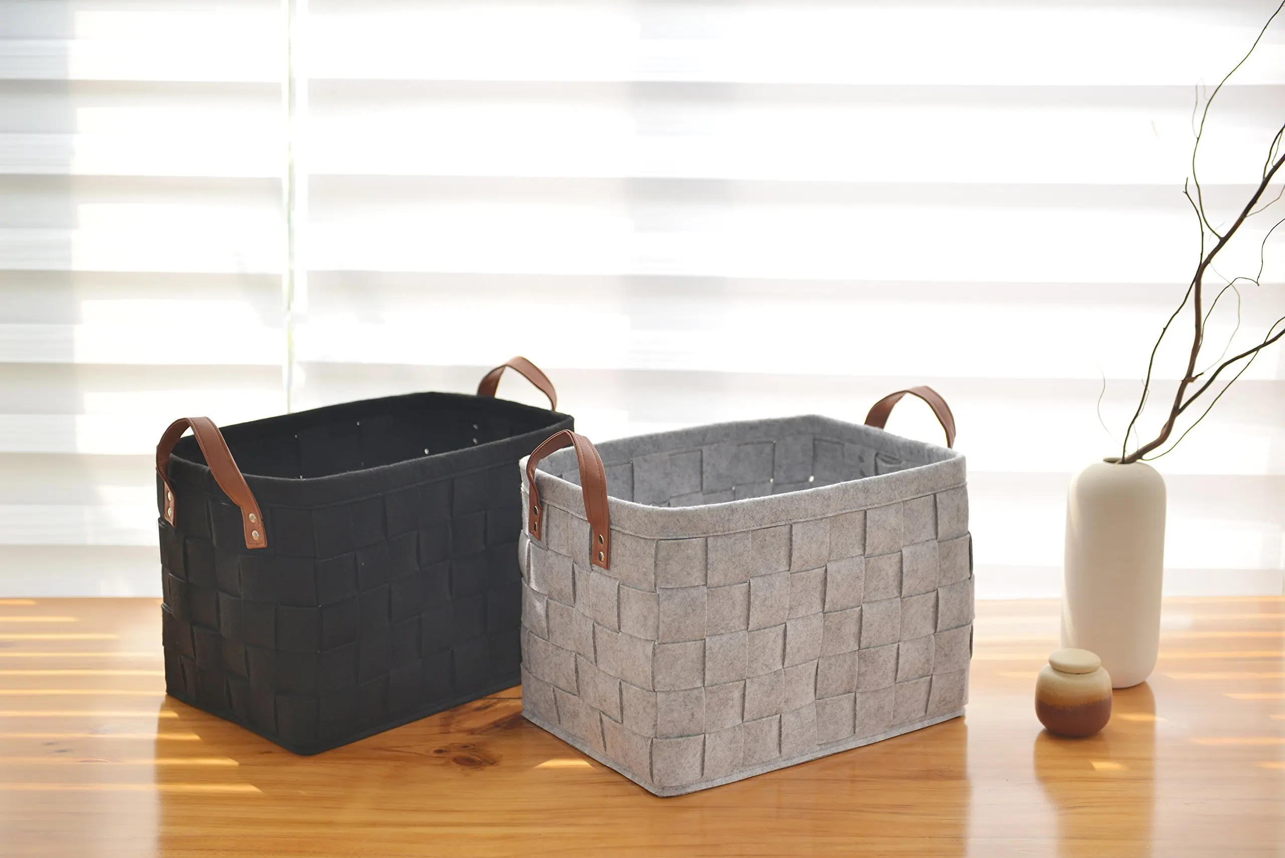 Collapsible Rectangular Leather Handle Large Black Hand Woven Storage Basket For Organizing