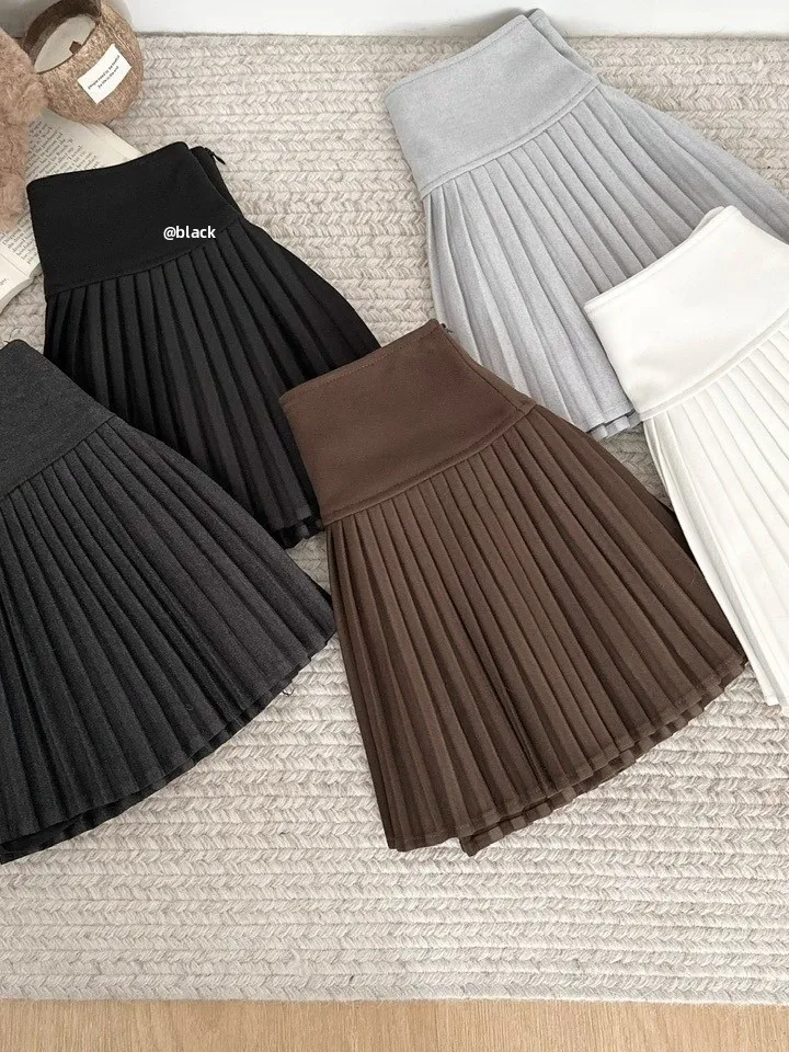 

High Waist A-Line Skirt Women's Woolen Plaid Pleated Slimming Skirts Casual Sle Stand Fit Winter 2025 Faion