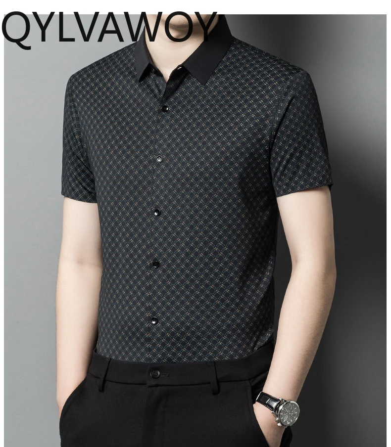 QYLVAWOY 100% Mulberry Silk Shirt Summer Clothes 2024 Business Casual Tops Short Sleeve Thin Shirts for Men Striped Mens Shirts