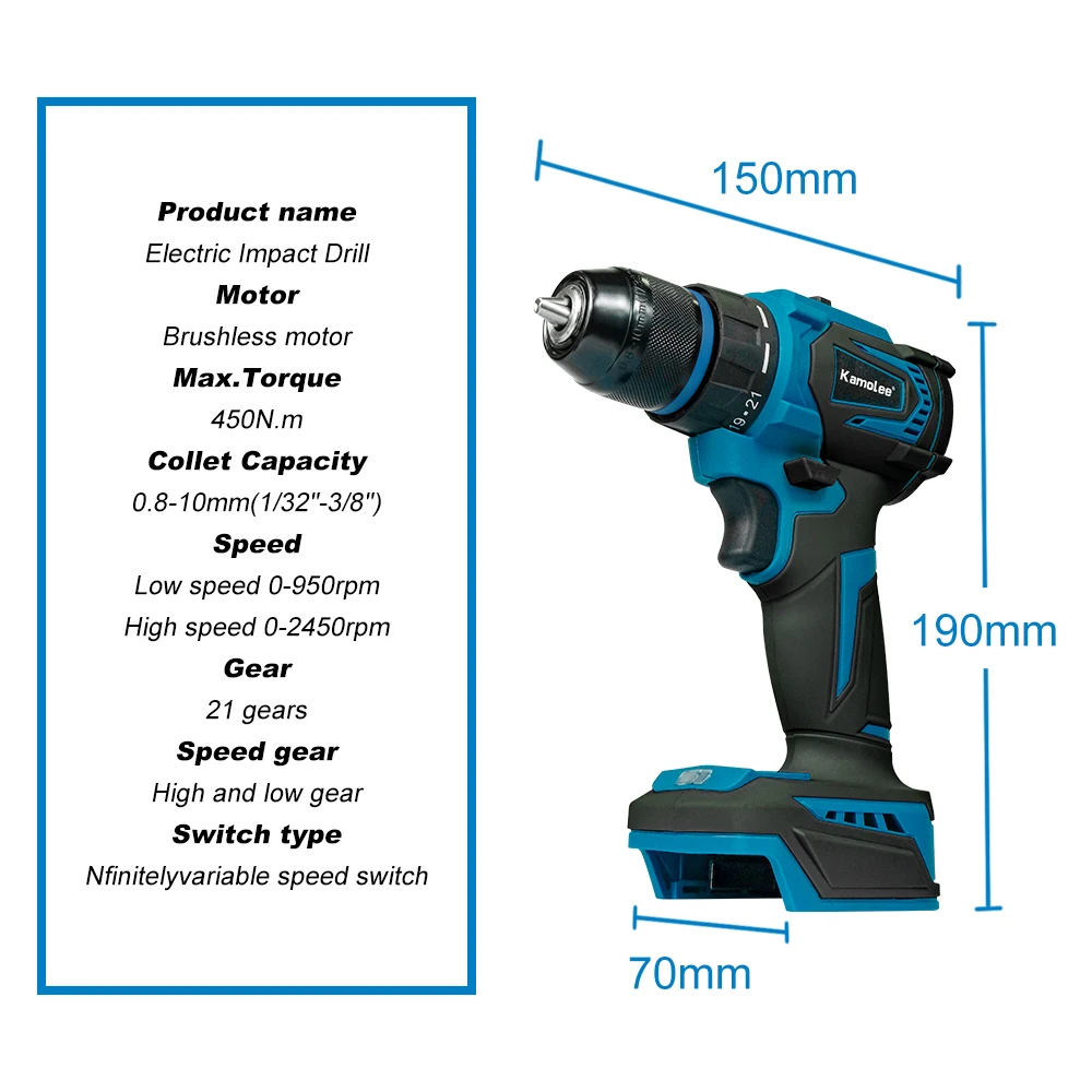 Kamolee 10MM Brushless Electric Impact Drill Cordless Screwdriver Lithium Battery Charging Hand Drill For Makita 18V Battery