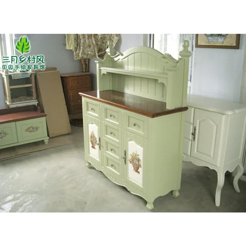 American pastoral Mediterranean British hand-painted rural green dining side cabinet solid wood cabinet wine cabinet March rural