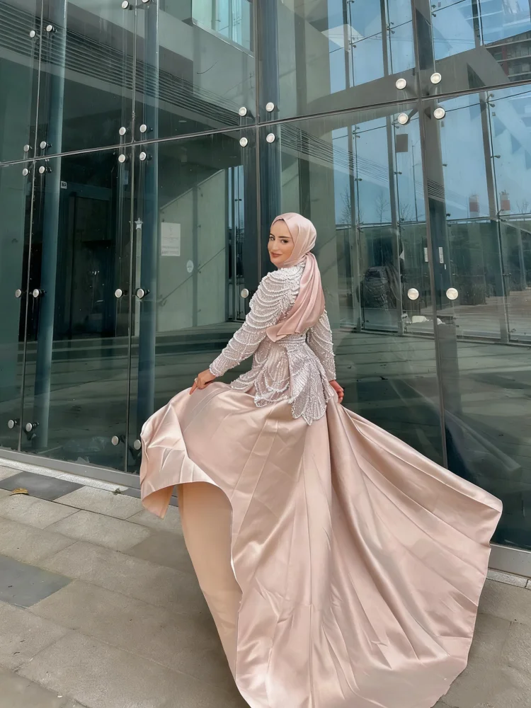 ชุดเดรสแชมเปญแบบใหม่สั่งตัดได้ พร้อมชายกระโปรงถอดได้ ชุดเดรสสำหรับงานพิธีการแบบมุสลิม ทรงเมอร์เมด ชุดราตรี
