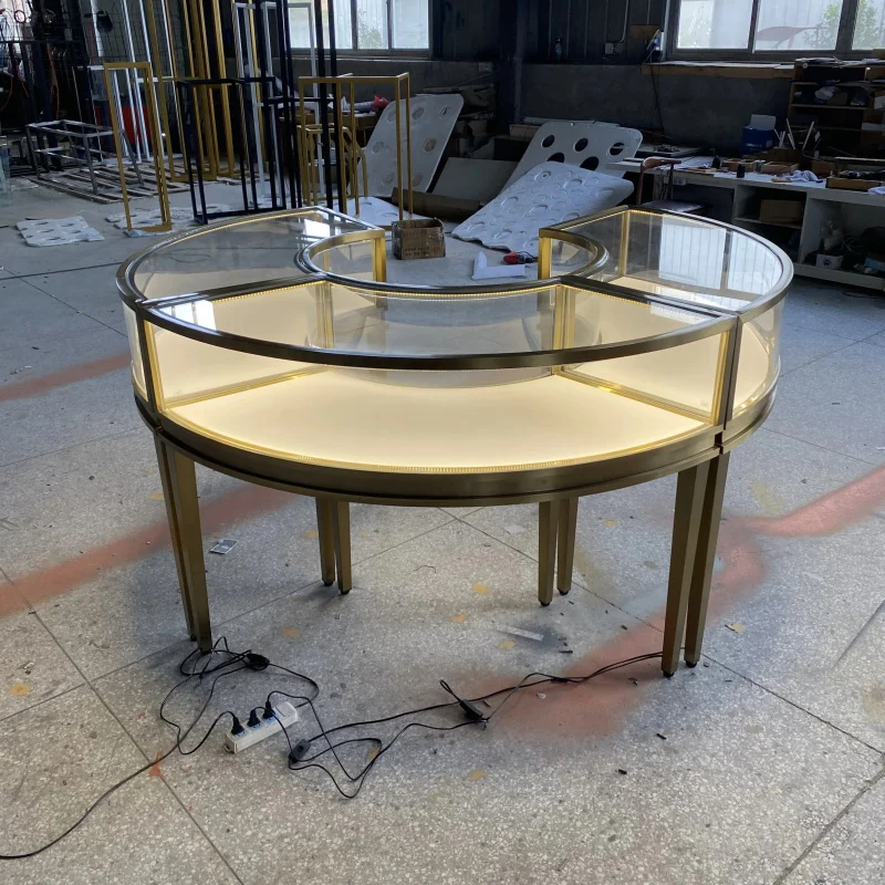 

Customize.Elegant Round Glass Jewelry Display Cabinet with Gold Metal Retail Stores