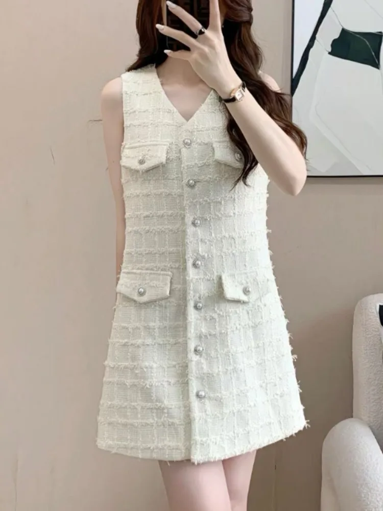 V-neck Small Fragrance Simple Sleeveless Women Dress Fashion Simple White Pink Sweet French Elegant Tweed Mini Vest Dress Female