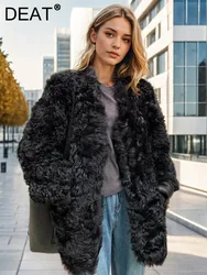 DEAT Fashion Black Lamb Fur Jacket Women's Round Neck Loose Long Sleeve Thick Plush Coat Winter 2024 New Tide 7AB6281