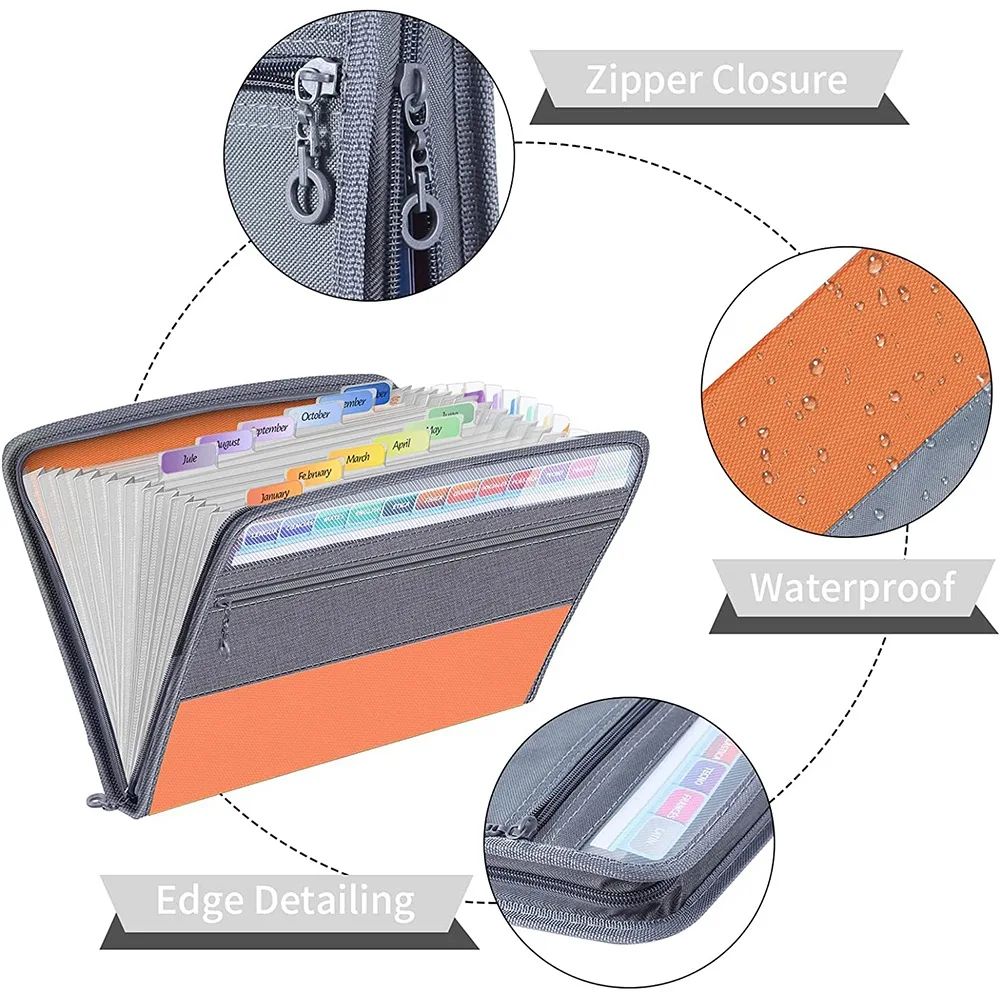 13 Pocket File Folder Storage Rack,File Box Storage Bag,with Zipper, Suitable for A4 Paper, Banknotes,Document Receipt D