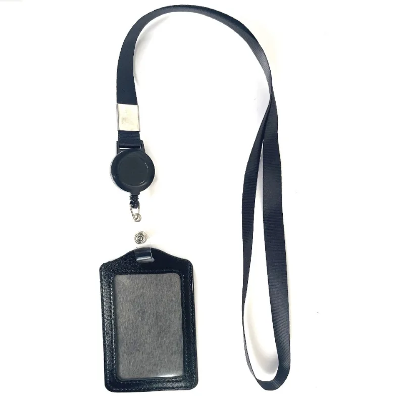 Black Color PU Leather Badge Holder with Retractable Lanyard Working Permit Case Sleeve Name ID Card Cover Pass Work Card Holder