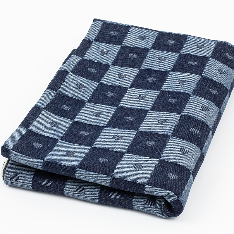 Pure Cotton Jacquard Denim Fabric Blue Checkerboard Grid Thickened Wash Pants Coat Bag Diy Clothing Design Cloth Fashion Sewing