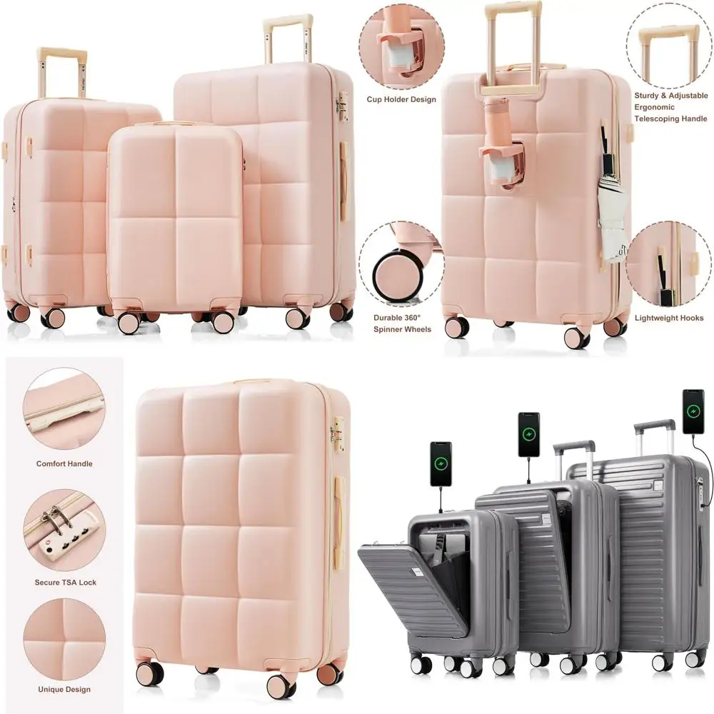 مجموعة حقائب سفر خفيفة الوزن ذات جوانب صلبة بقفل TSA للأطفال بخطوط وردية مقاس 20 و24 و28 بوصة #1