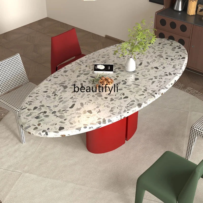 

French Retro Minimalist Terrazzo Dining Table Italian Minimalist Light Luxury High-End Designer Home Oval Dining Table