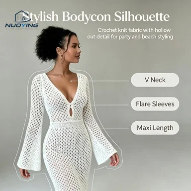 Damen Maxikleid mit V-Ausschnitt, rückenfrei und transparent, weißes Strick-Strandkleid mit Quasten für den Urlaub