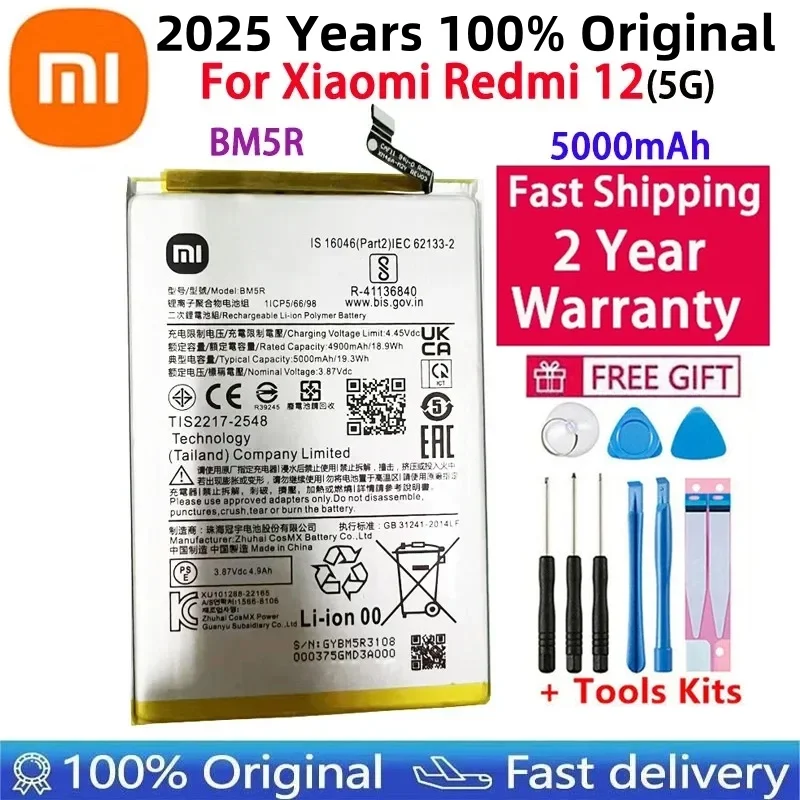 

2025 Years 100% Original High Quality BM5R 5000mAh Battery For Xiaomi Redmi 12 Mobile Phone Replacement Batteries +Fast Shipping