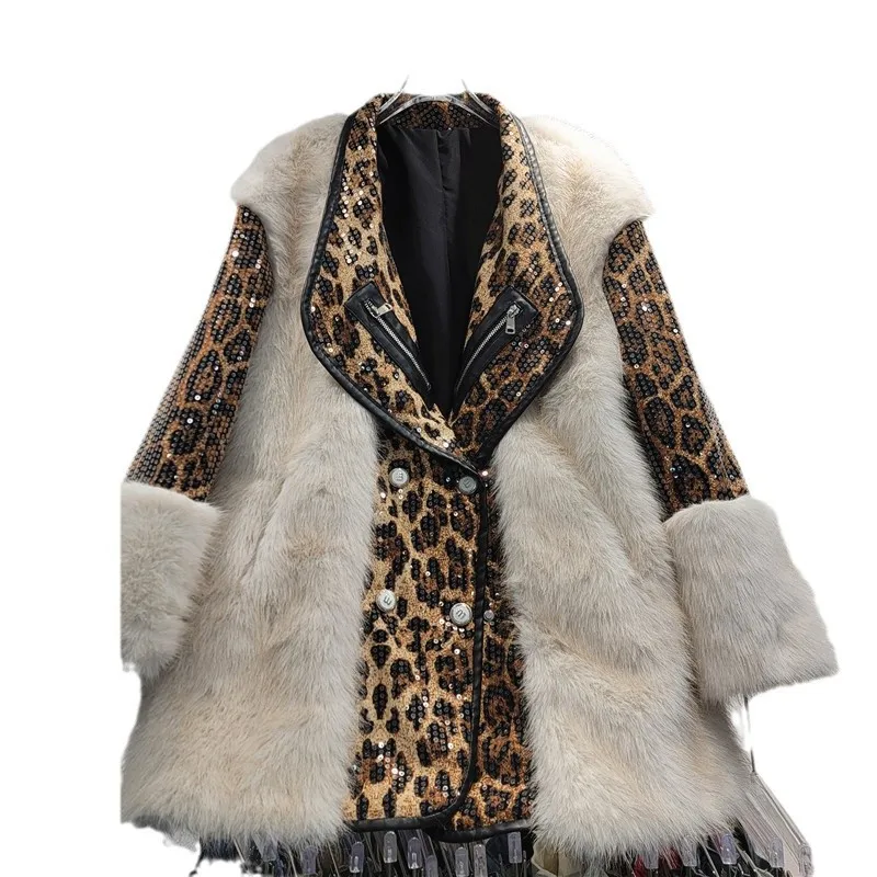 Przemysł ciężki cekinowy płaszcz ze sztucznego futra z klapami wszechstronna moda płaszcz z imitacji futra zimowe ubrania damskie 2024 modne płaszcze