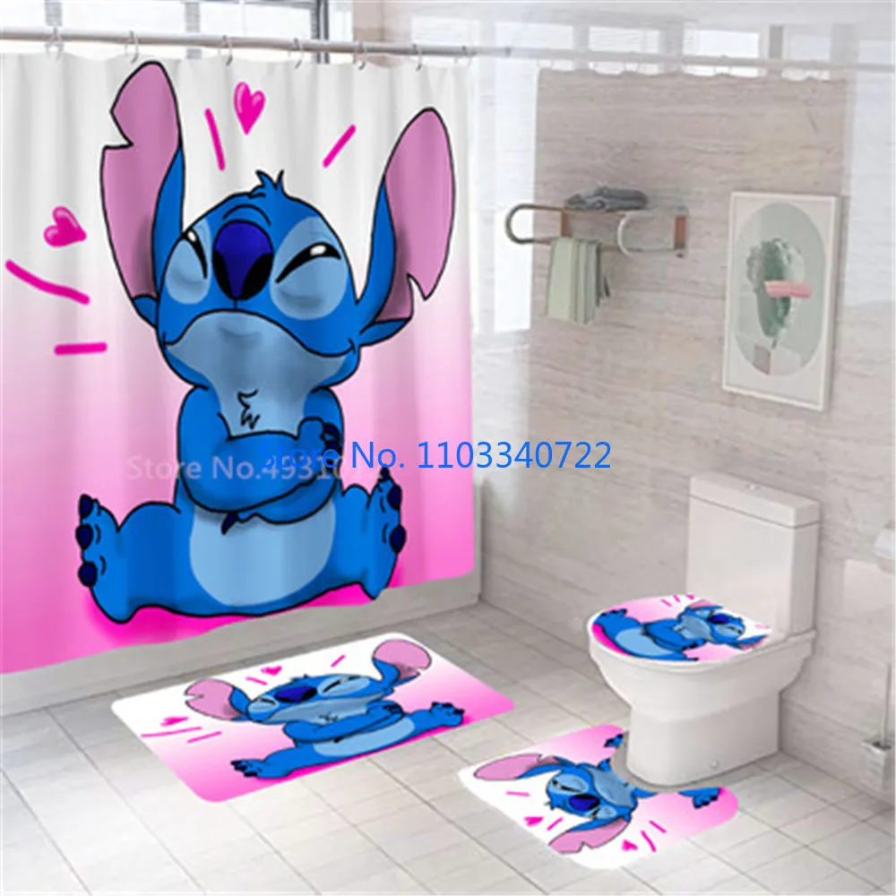 

3D Lilo Stitch Bathroom Shower Curtain Waterproof Curtain Set 4pcs with Hooks Cartoon Decor Waterproof Bathroom Toilet Mat Lid