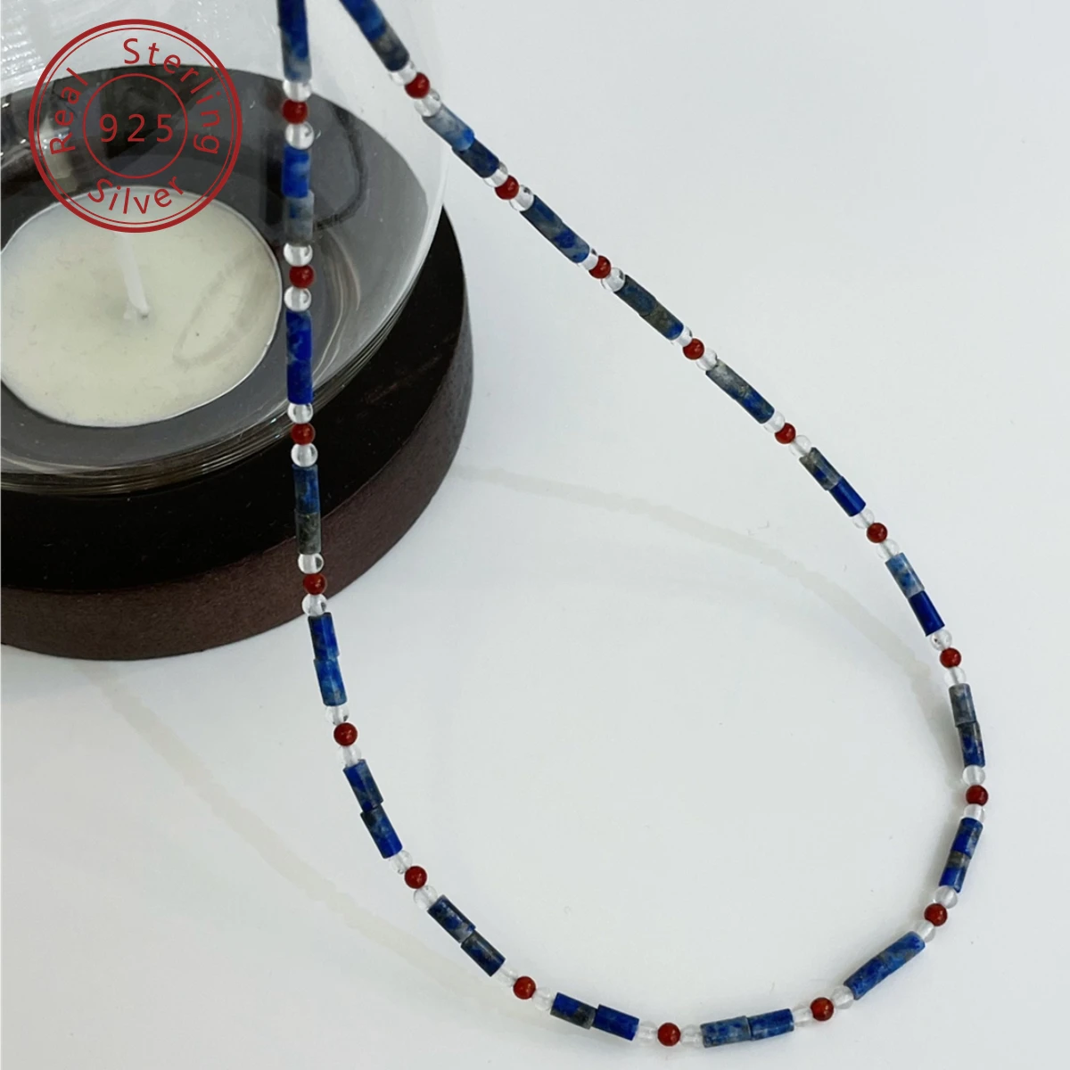 925 sterling silver natural lapis lazuli red agate extremely fine beaded necklace,contrasting color design, retro senior feeling