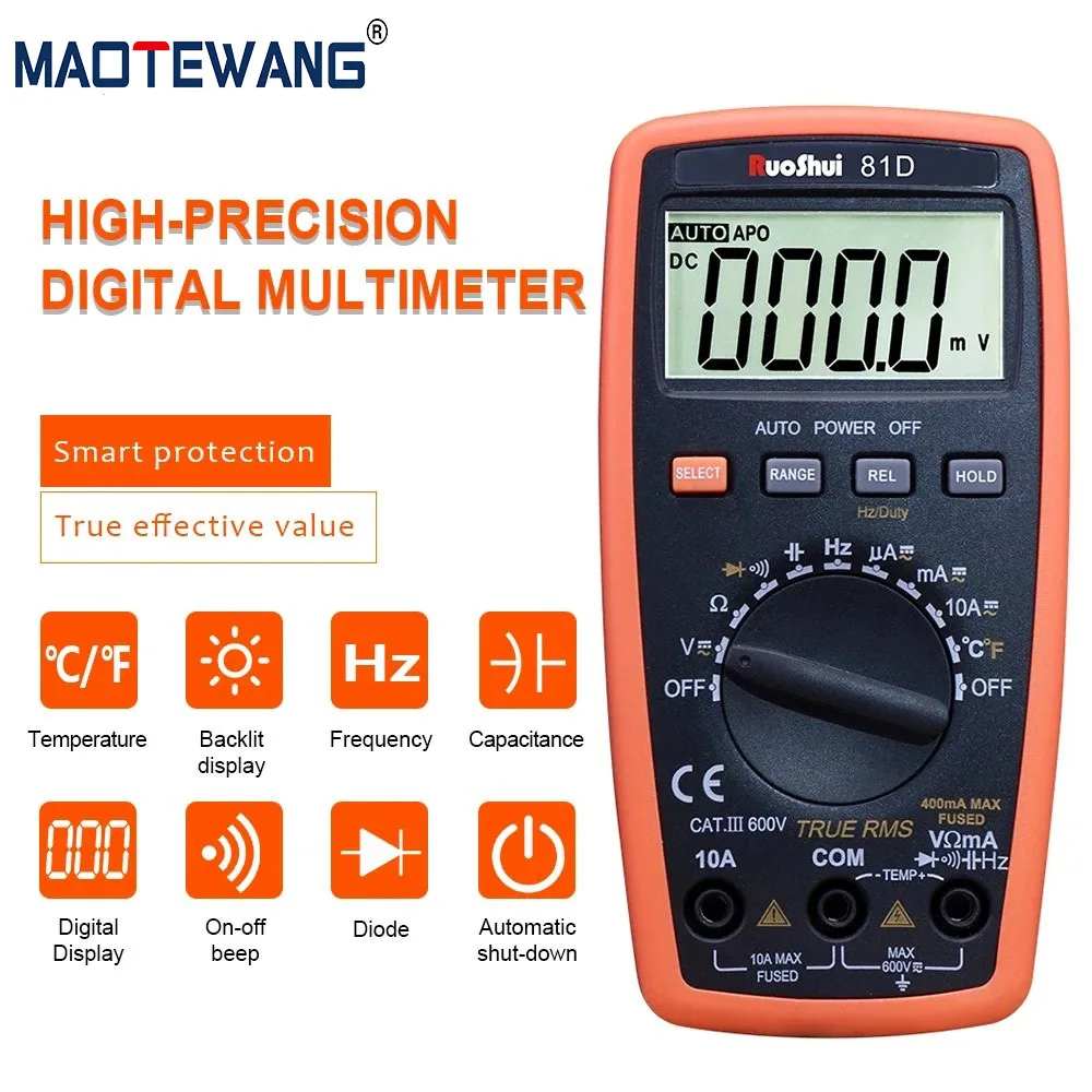 81D Handheld Mini Digital Auto Range Multimeter 3999 Counts AC/DC Voltage Current Temperature Capacitance Frequency Diode Tester